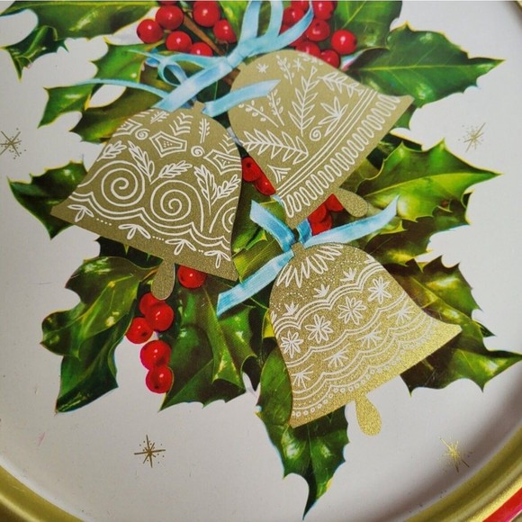 Christmas Serve Tray Tin Bells Starburst Holly Gold Vintage - Picture 4 of 6